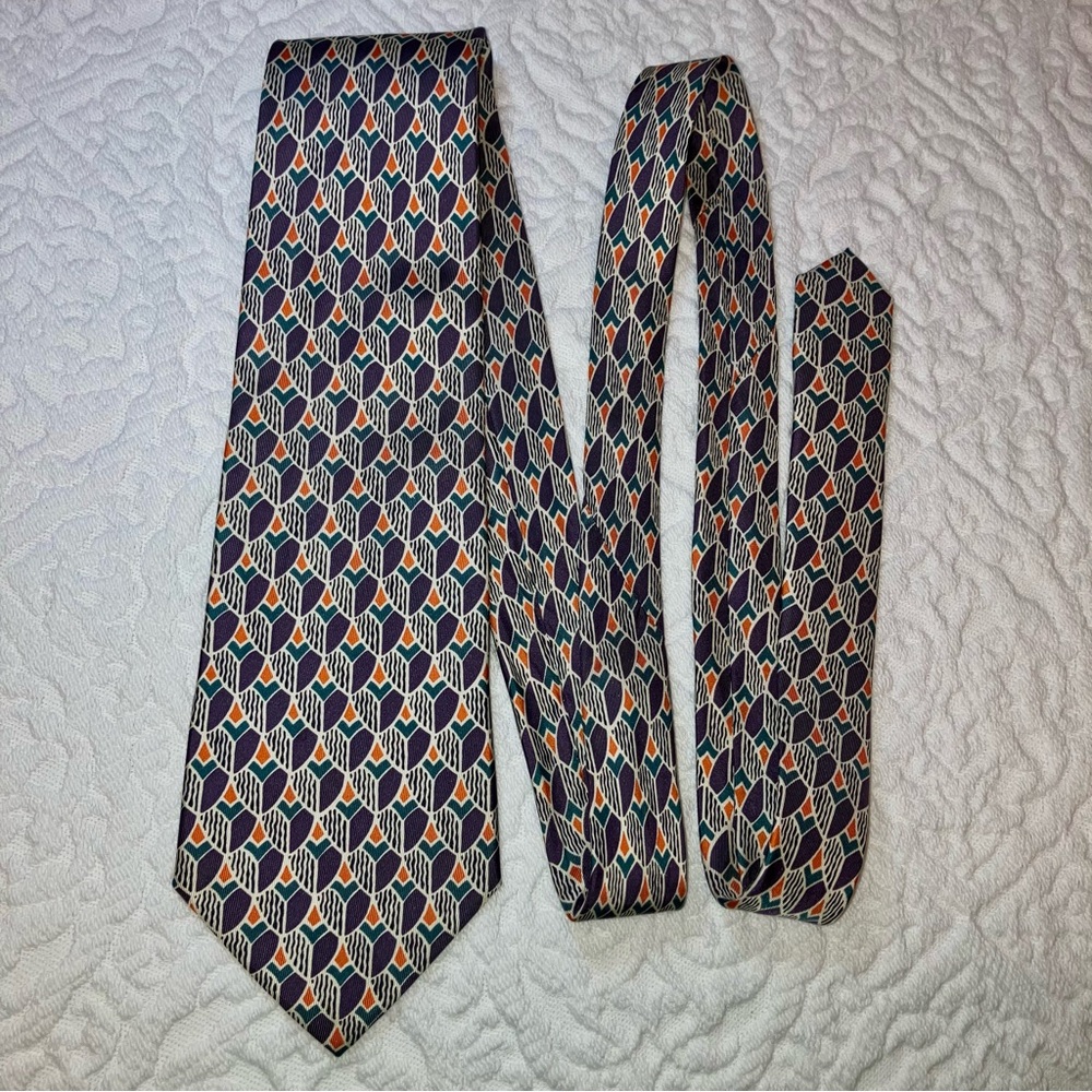 Vintage Eaton silk tie, geometric pattern in purple, orange & teal green